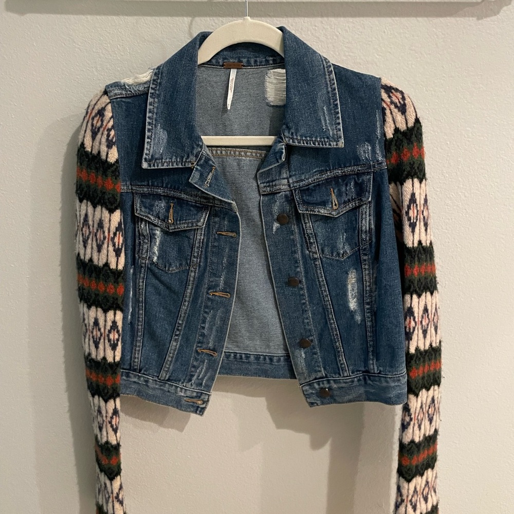 FP Denim Jacket with Wool Patterned Sleeves